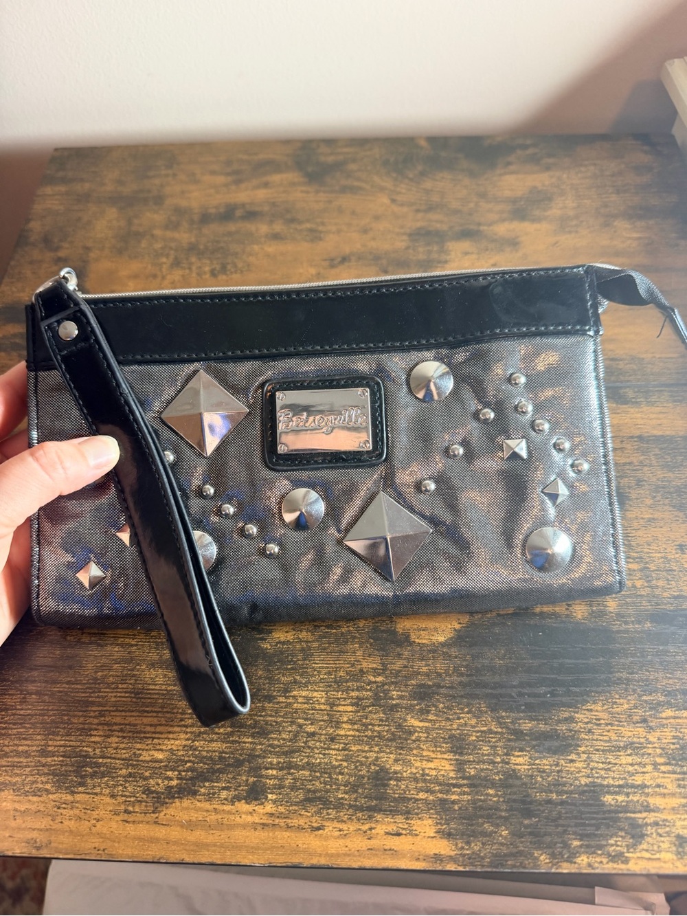 Y2K Black Metallic Stud Wristlet Clutch